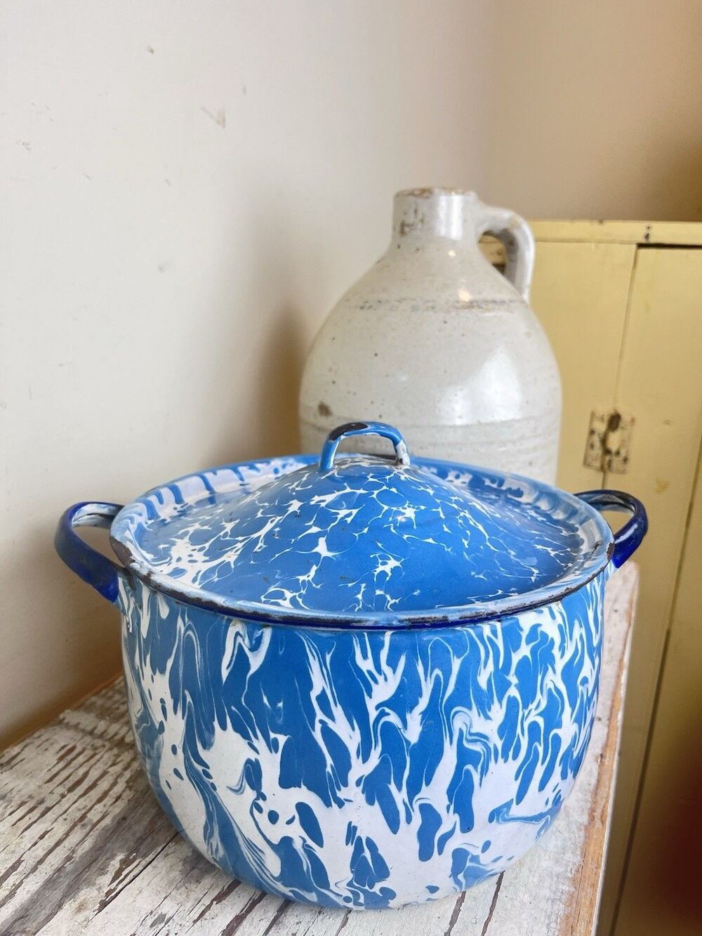 Antique Blue Swirl Graniteware Saucepan W/Lid And Handles 8”x 6” Country Rare